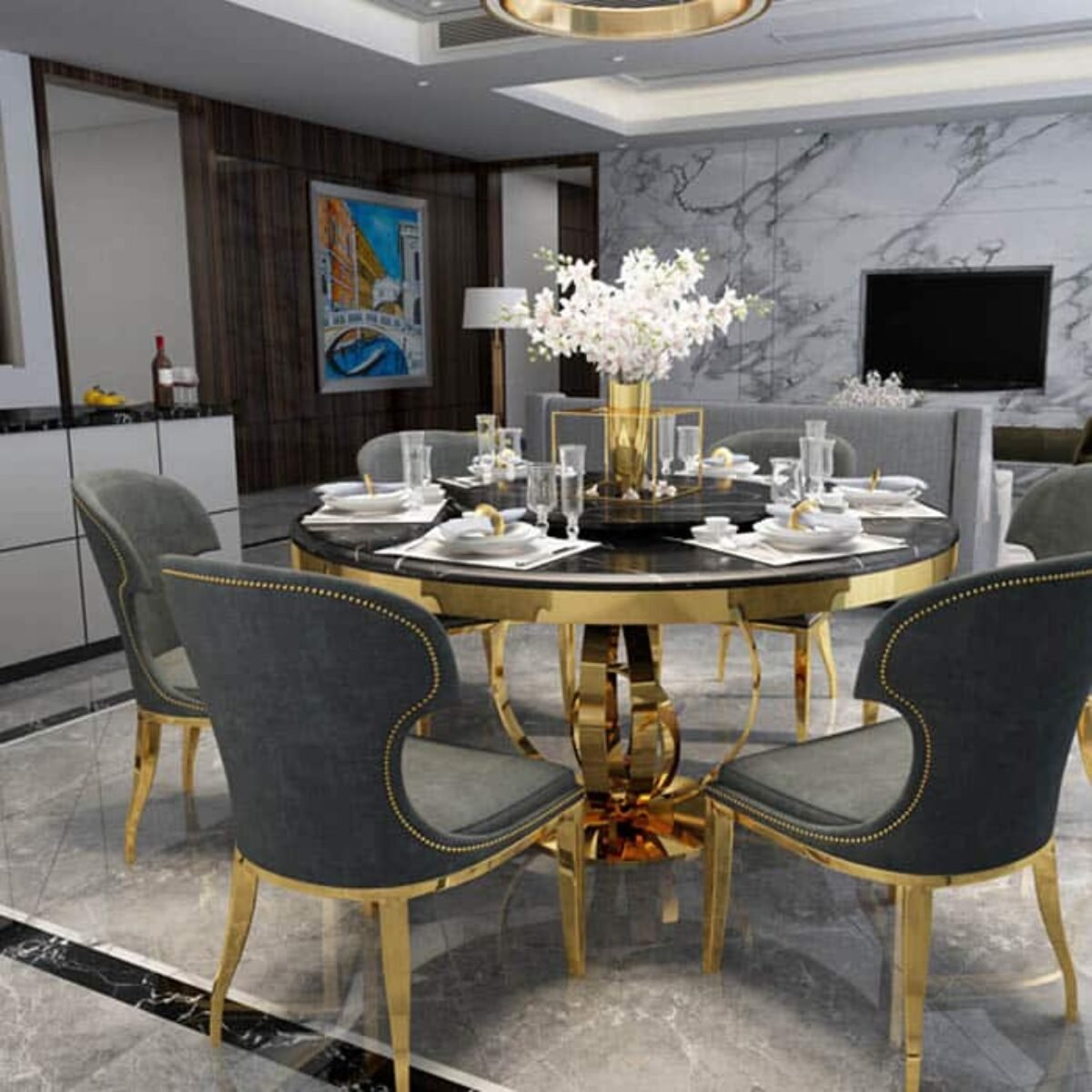 Natural Marble Top Dining Table with Executive Dining Armchairs