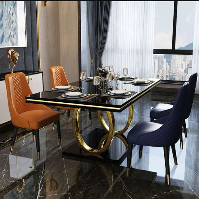 Modern Stainless Steel Dining Table Set with Leather Dining Chairs