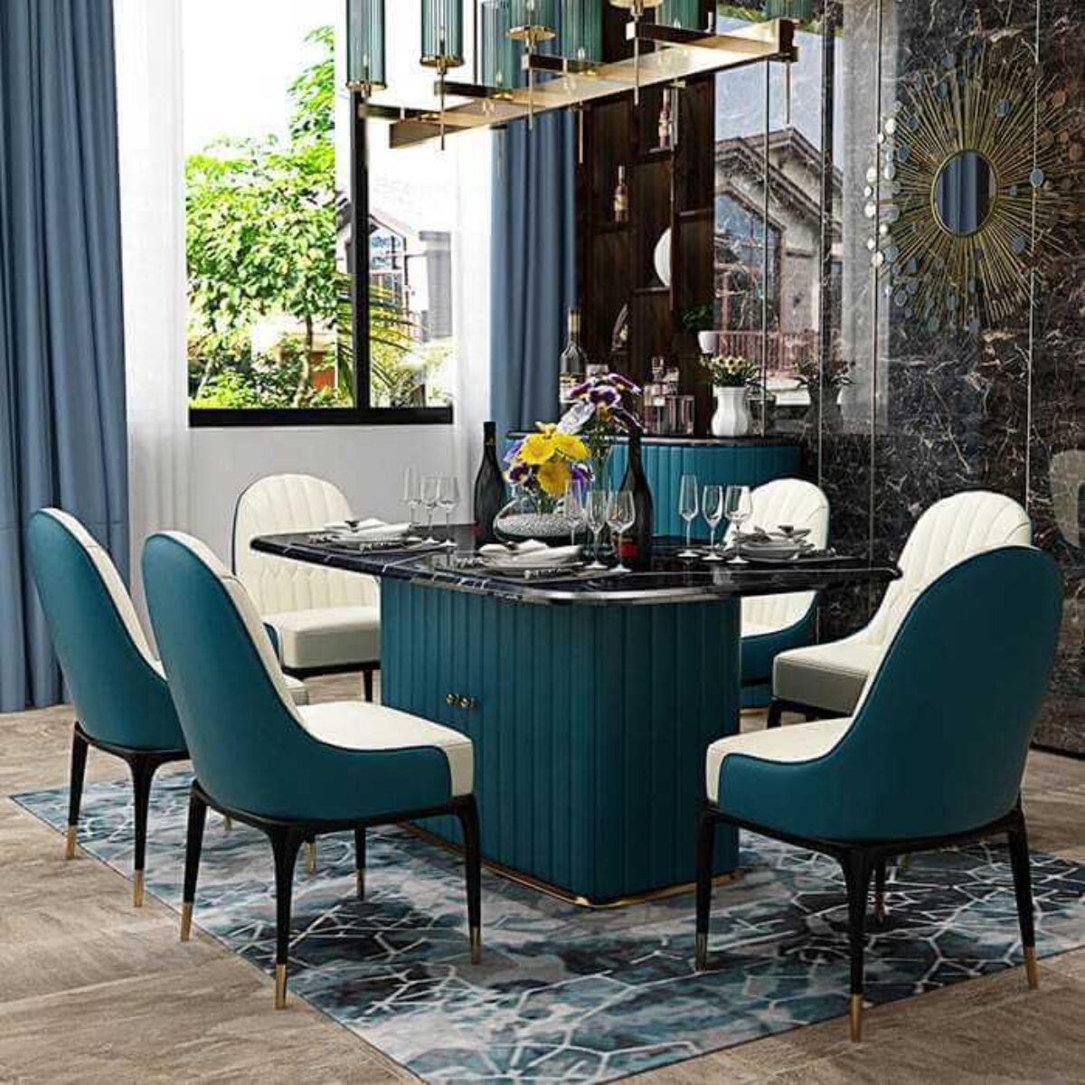 Luxury Marble & Solid Wood Dining Room Set with Upholstered Dining Chairs